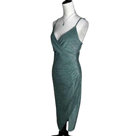 Vine And Valley Green Shimmer Ruched V-neck Side Slit Midi Dress M Holiday Glam - Picture 3 of 11